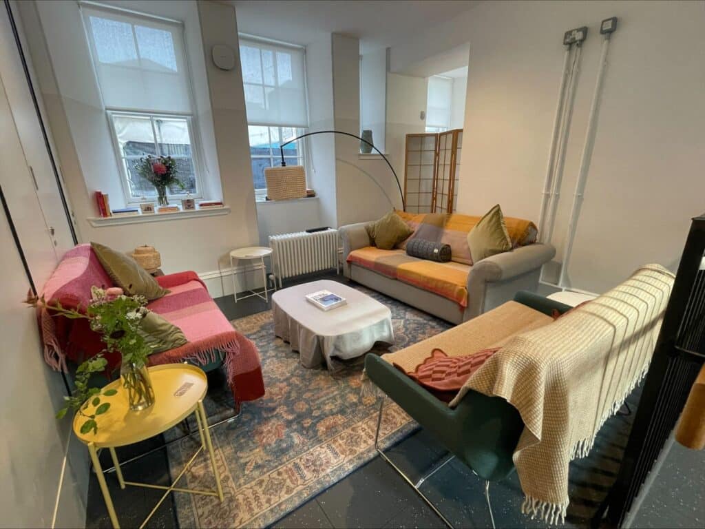 Edinburgh Book Festival Authors Area - cosy sofas, coffee table lamp